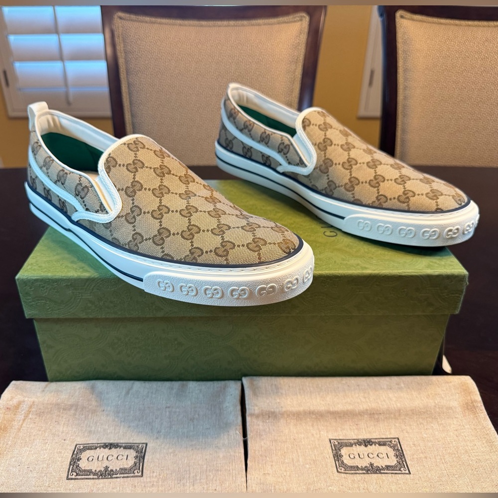 New Gucci GG Supreme Logo Tennis 1977 Slip On Sneaker Shoes